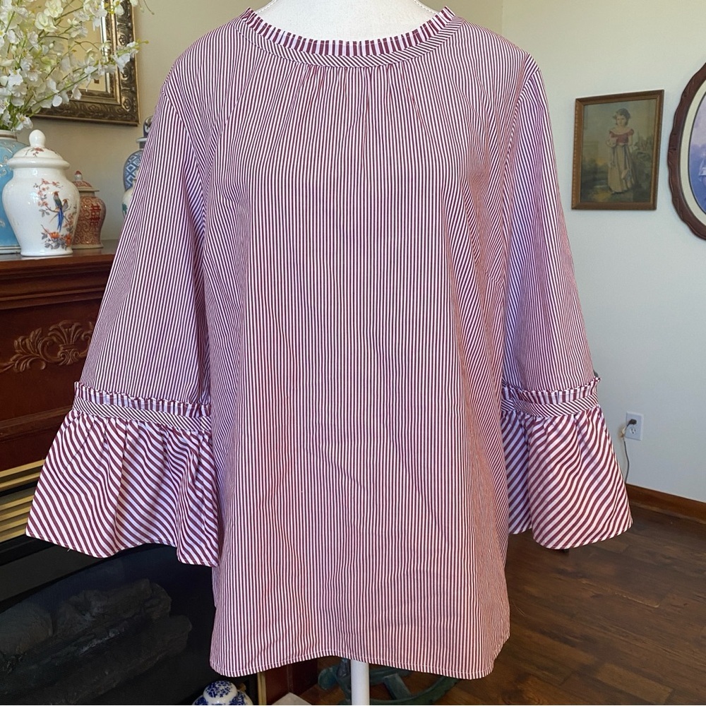 Talbots • Burgundy & White Stripe Bell Sleeve Blouse • XL